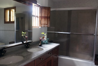 A bathroom features a double sink vanity with a gray countertop. Above the sinks, a large mirror reflects light from a partially open wooden window, enhancing the space with natural illumination. To the right, a glass-enclosed shower area is visible. Subtle decor items, such as a plant and a small clear vase, adorn the countertop. The wooden cabinetry adds warmth to the room's ambiance.