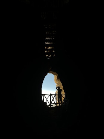 A silhouette of a person stands in front of a cave entrance, peering out towards a bright blue sky framed by rocky formations. A wooden railing is visible, adding a sense of structure and safety.