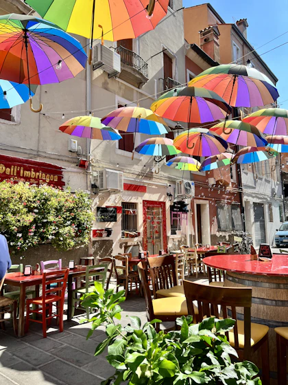 a group of colorful umbrellas hanging from the side of a building