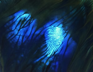 Abstract patterns of swirling blue and green hues with organic, vein-like structures that create a luminous effect. The intricate design is reminiscent of deep ocean currents or glowing coral.