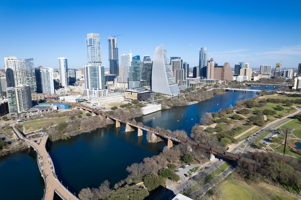 an aerial view of a city and a river