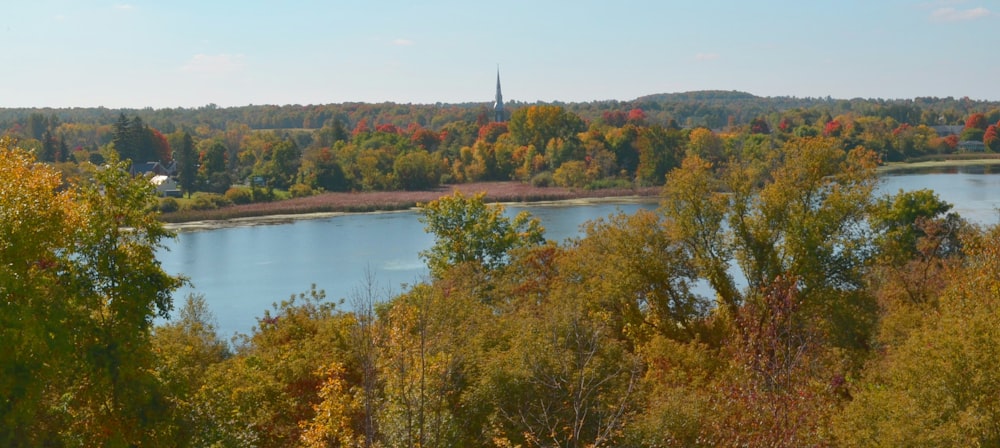 a lake surrounded by trees with a church in the background