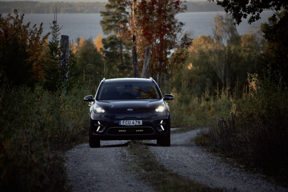 a car driving down a dirt road next to a forest