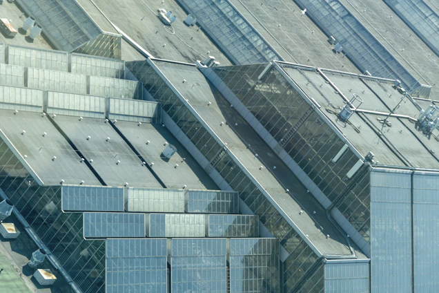 Aerial view of green pepper plantation with modern greenhouse and office buildings under clear sky.