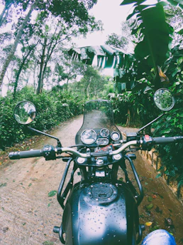 A rugged motorcycle parked on a dirt trail surrounded by lush forest.