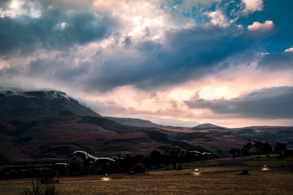 a field with a mountain in the background