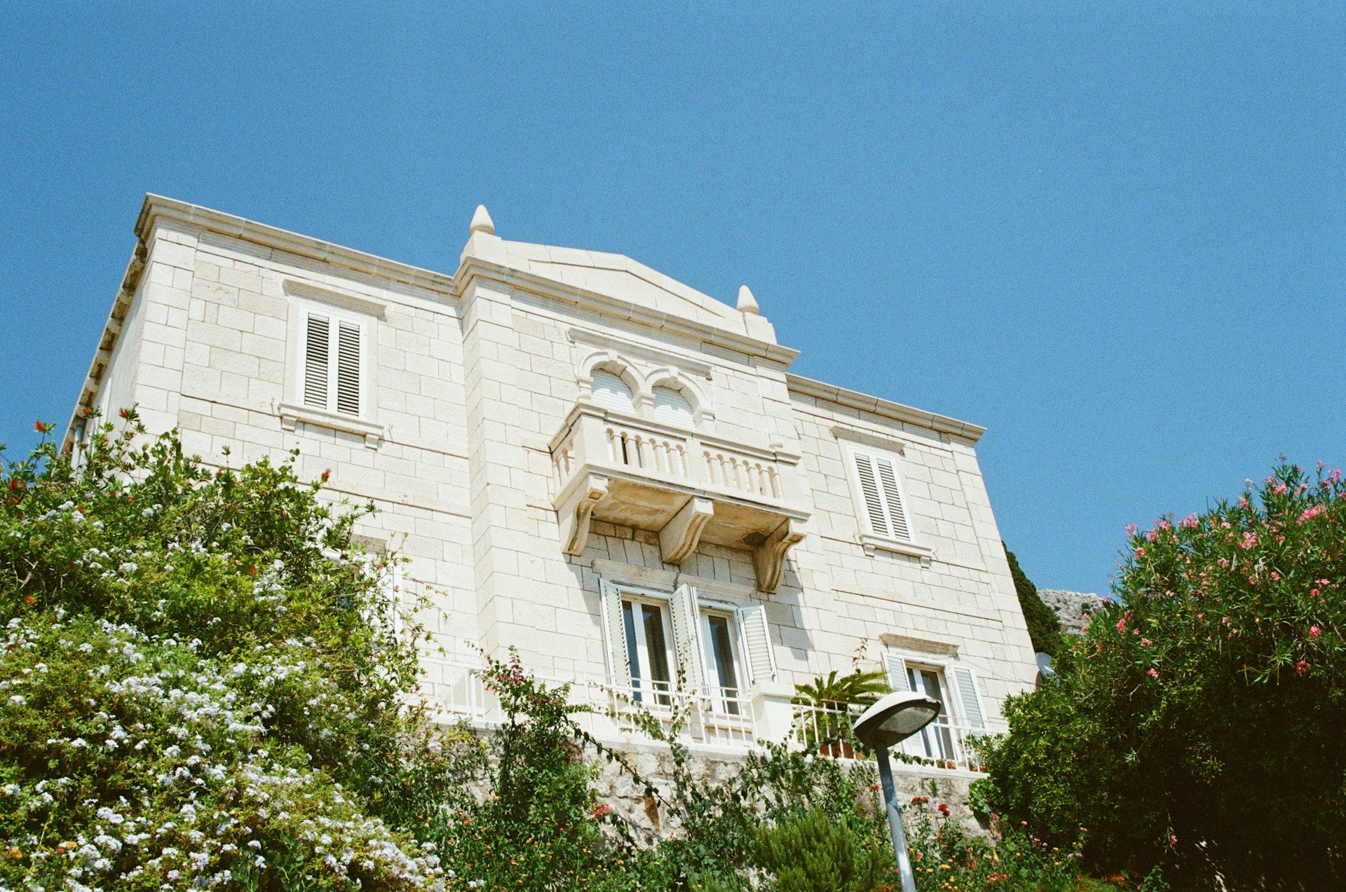 a tall white building sitting next to a lush green forest
