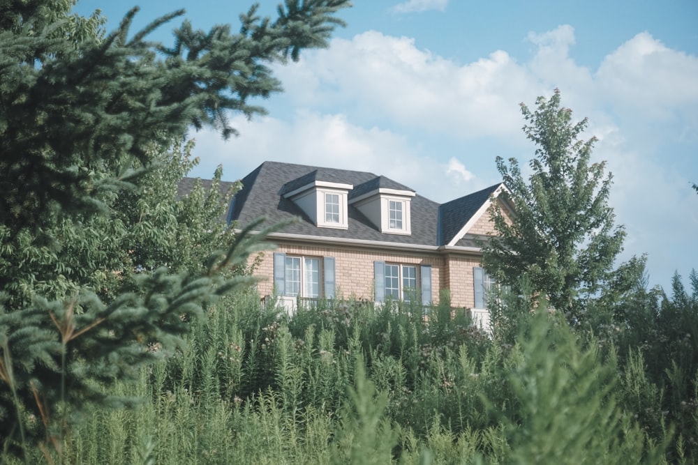 a house in the middle of a field with trees in front of it