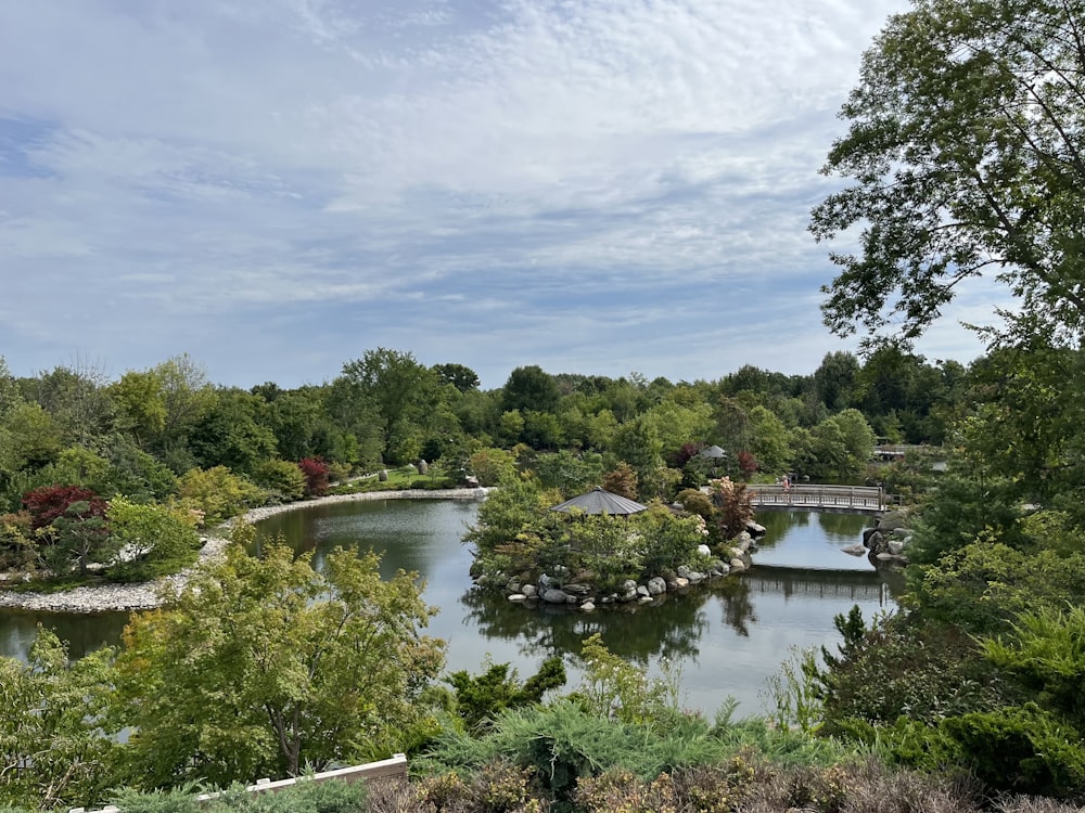 a lake surrounded by trees and a bridge