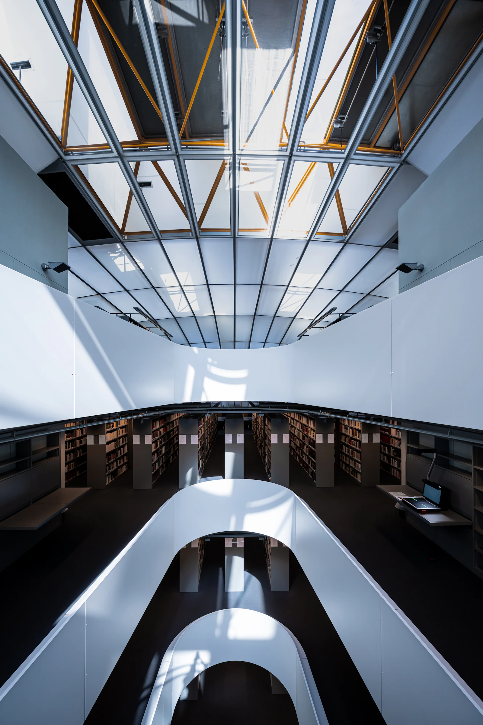 A library room lined with tall shelves of books
