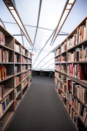 A modern library setting with two rows of bookshelves full of books leading to a reading area with several chairs. The ceiling features large skylights that allow natural light to illuminate the space.