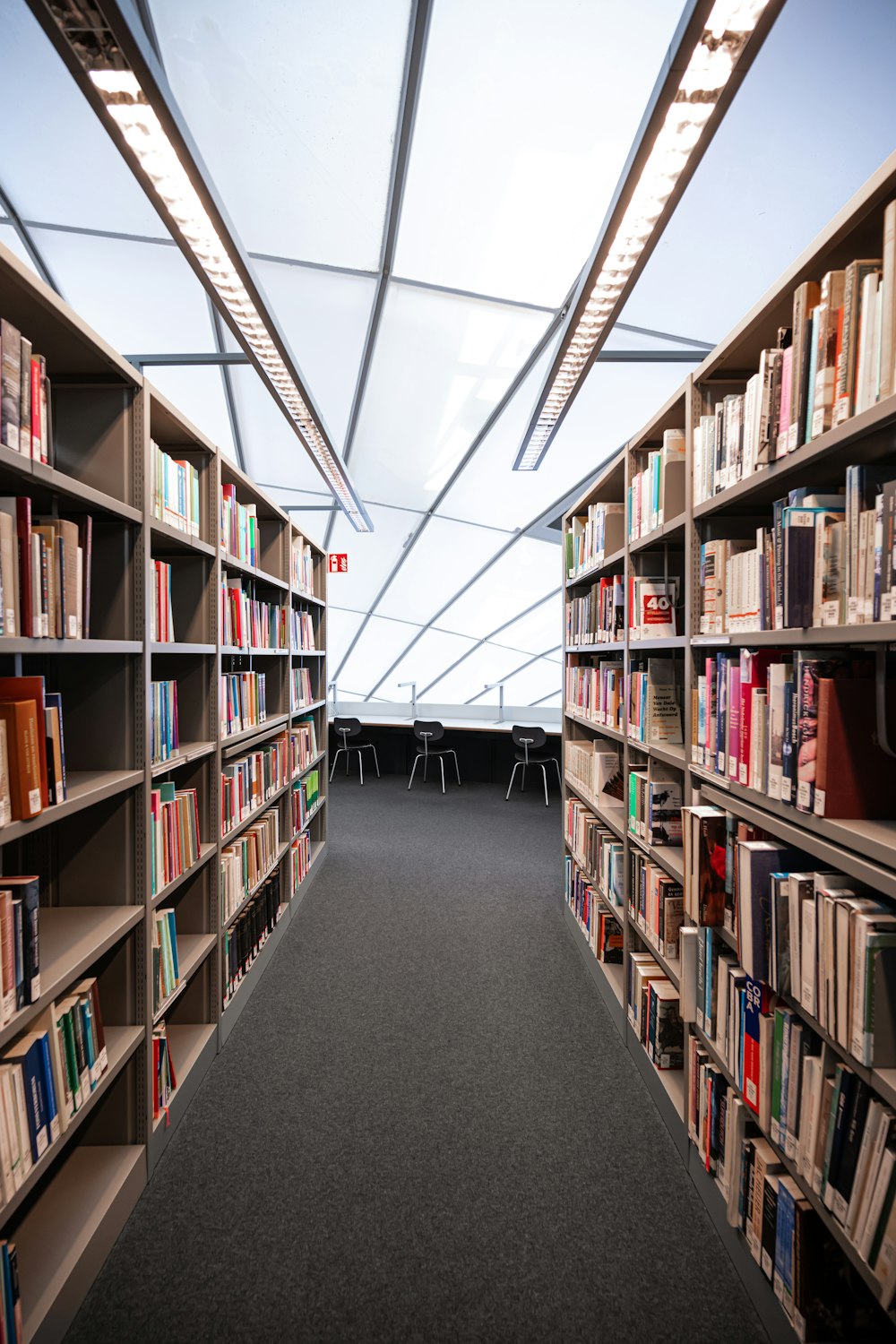 a long row of shelves filled with lots of books