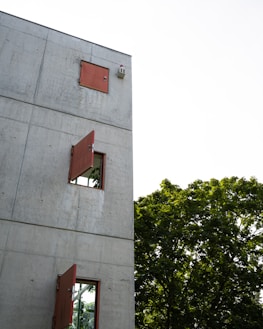 A modern concrete building facade features red-framed windows, some of which are open, allowing a view of lush green leaves from trees adjacent to the structure. The contrast between the hard, industrial feel of the concrete and the vibrant greenery creates a striking visual harmony.