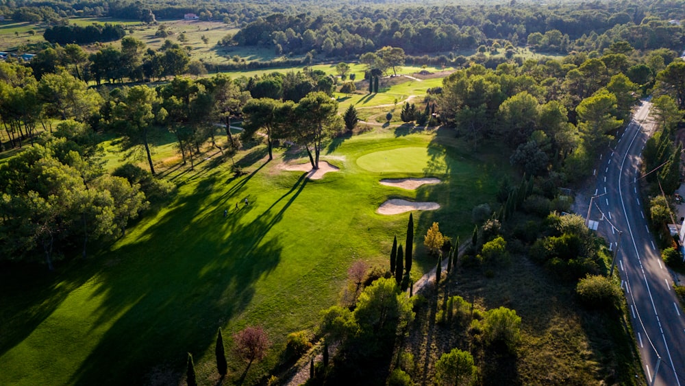 an aerial view of a golf course surrounded by trees