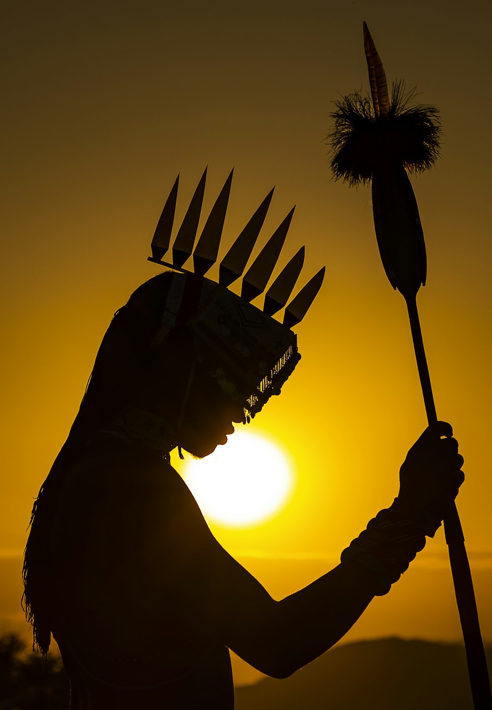 a silhouette of a person holding a stick with a sun in the background