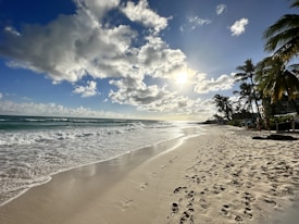 A serene beach scene with footprints in the sand leading toward the water. The sun is shining brightly in a partly cloudy sky, casting reflections on the wet sand and ocean. Palm trees line the right side of the image, along with some buildings.