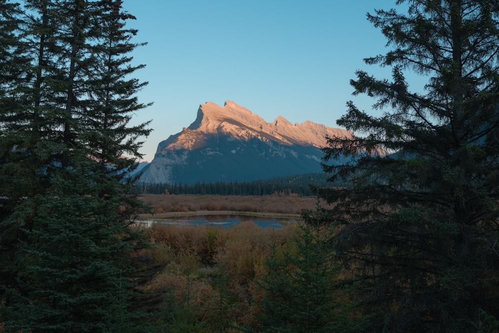 a view of a mountain with a lake in the foreground