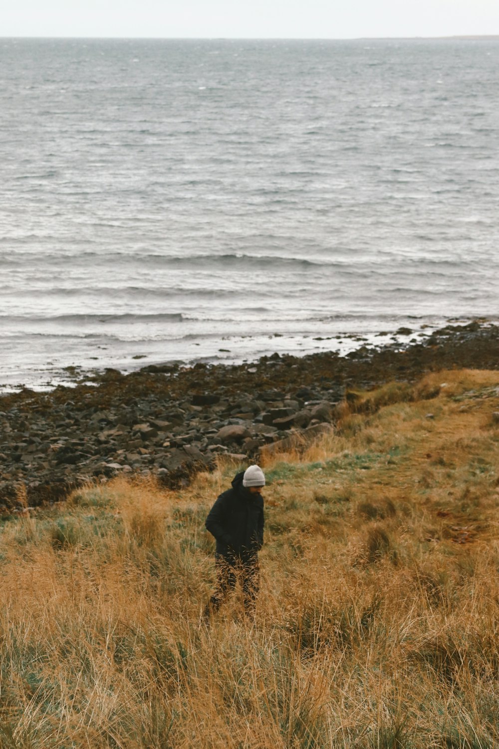 a person standing in a field next to a body of water
