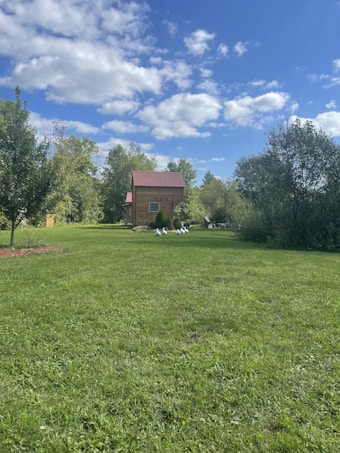 A small wooden cabin with a red roof is surrounded by lush greenery, under a sky filled with scattered white clouds. A group of white ducks is gathered in the middle of the grassy area, which stretches across most of the foreground. Trees frame the background, adding to the serene and pastoral setting.
