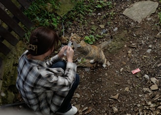 A caregiver kneeling to offer treats and affection to a shy cat during a short-stay companionship visit.
