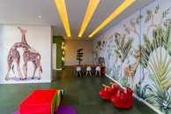 A colorful mural in a children's room.