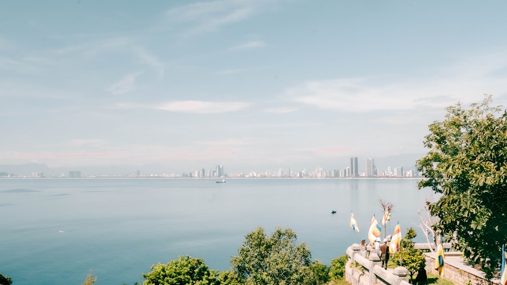 a large body of water with a city in the background