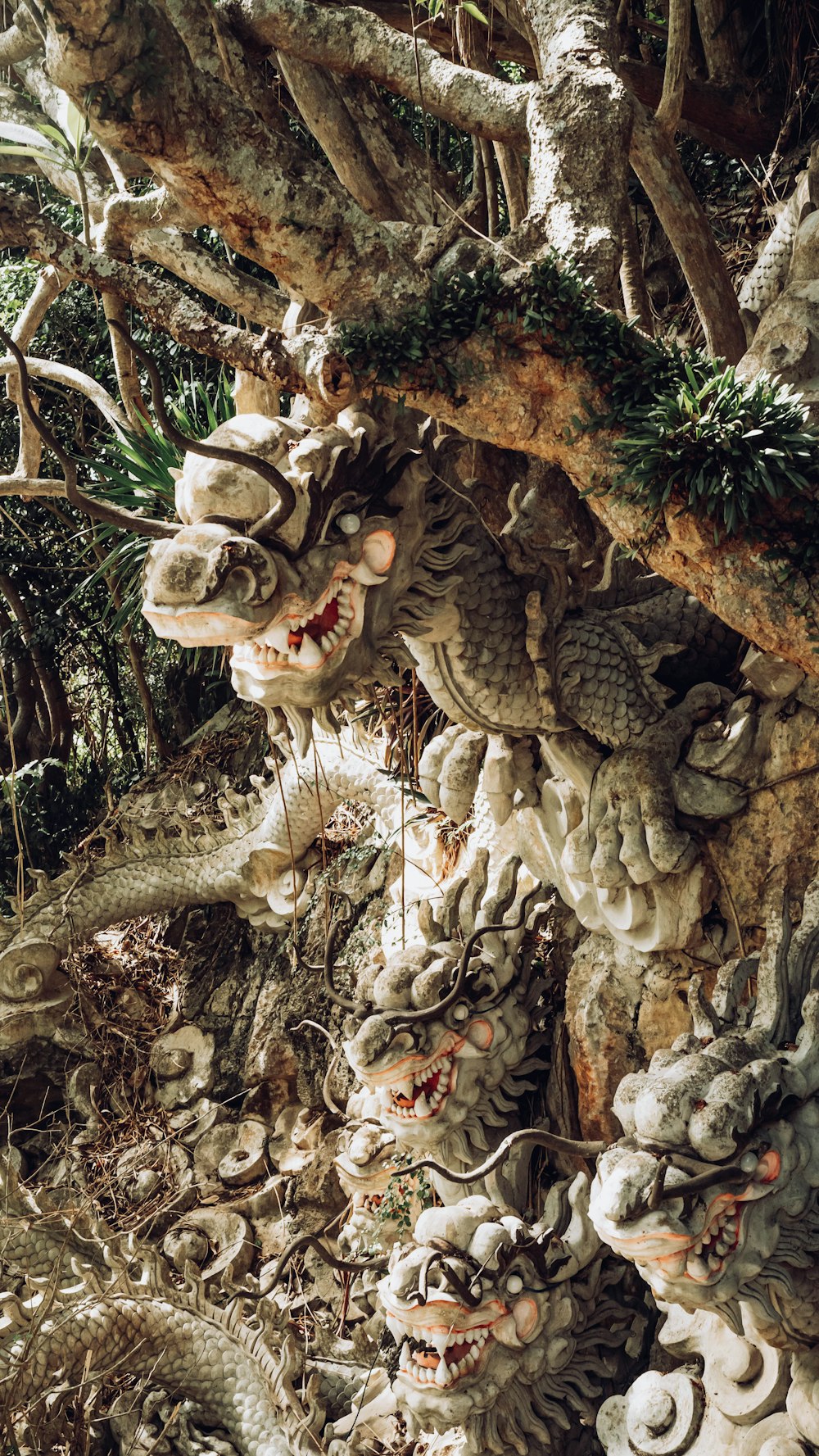 a group of dragon statues sitting on top of a tree