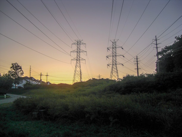 A landscape featuring tall electricity pylons and power lines stretching across a grassy field. The sky is a gradient of yellow and blue, indicating a sunset or sunrise. There are bushes and trees lining the field, and some houses are visible in the distance.
