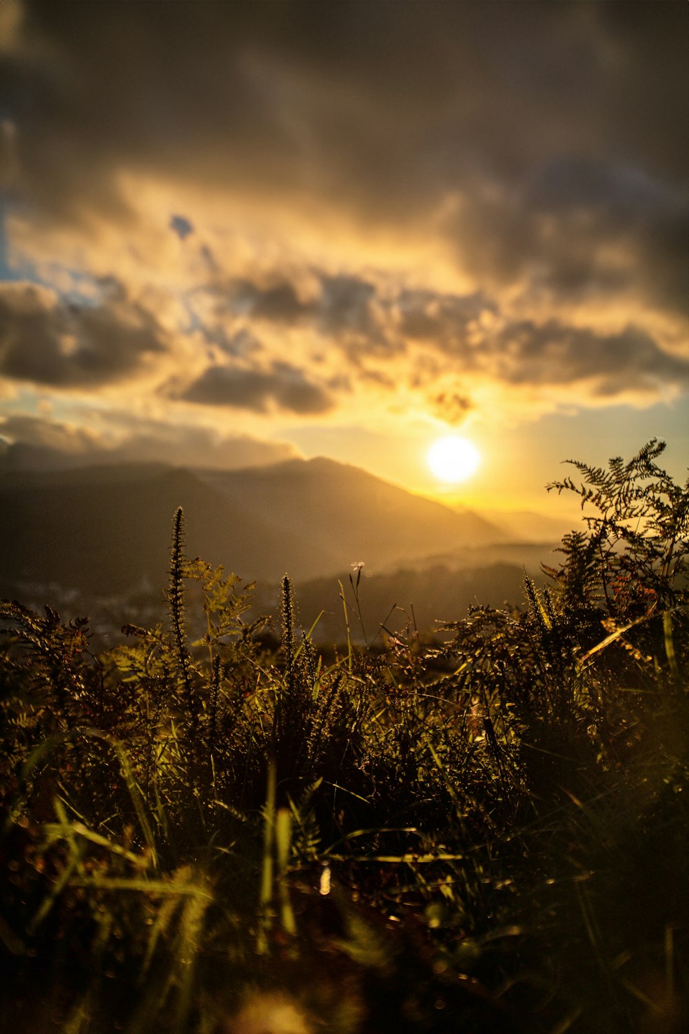 the sun is setting over a mountain range