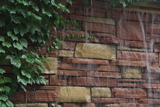 A stone wall with irregularly shaped bricks in shades of brown and beige, partially covered with lush green ivy. Water streams gently down the surface of the wall, creating a serene waterfall effect.