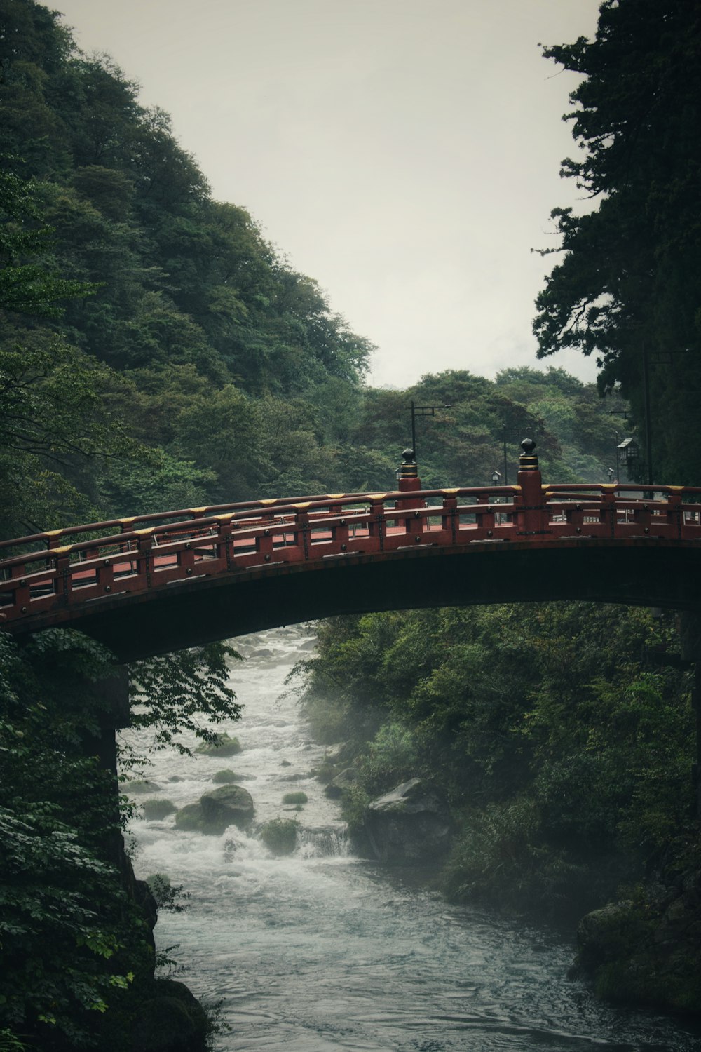 eine Brücke über einen Fluss, auf der eine Person steht