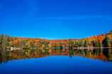 A serene mountain lake reflecting colorful autumn trees under a clear blue sky.