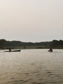 Two kayaks gliding smoothly on a clear lake framed by tall pine trees under a bright sky.