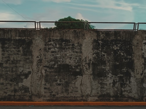 A sturdy precast cement boundary wall surrounding a lush farm under a clear blue sky.