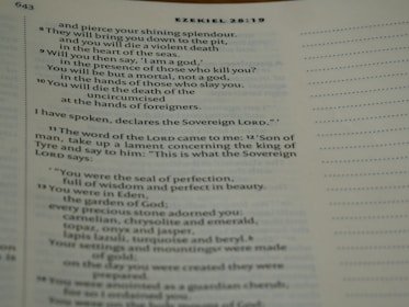 A close-up of a Bible page showing text from Ezekiel 28:8-14. The text includes references to a shining splendor, a violent death, and descriptions of Eden with precious stones.
