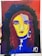A vibrant portrait painting of a woman with bright yellow skin, blue eyes and lips, and red hair. The background has a gradient of dark brown, blue, and red. The woman is adorned with a large hoop earring in one ear and a necklace featuring a cross and a round pendant. The painting includes bold brush strokes and vivid colors.