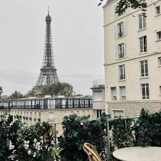 A cozy Parisian apartment balcony with flowers and a view of the Eiffel Tower at sunset.
