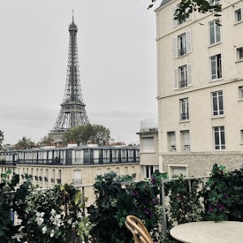 A view of the Eiffel Tower in the background framed by classic Parisian buildings with ornate balconies in the foreground. Leafy green plants and flowers are visible, providing a natural, serene feel. The scene includes a small outdoor terrace with a round table and a wicker chair, suggesting a cozy, leisurely ambiance.
