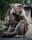 A mother monkey is holding her baby tightly, exuding a protective and nurturing aura. The baby appears curious, looking directly at the camera, while the mother gazes into the distance. The setting is outdoors, with a blurred natural background that provides a sense of depth.