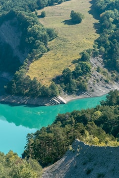 A serene landscape featuring a turquoise body of water surrounded by lush greenery and rolling hills. The trees are abundant and healthy, providing dense foliage that contrasts with the smooth water surface. Sunlight illuminates patches of grassland on the hills, creating a harmonious blend of land and water.