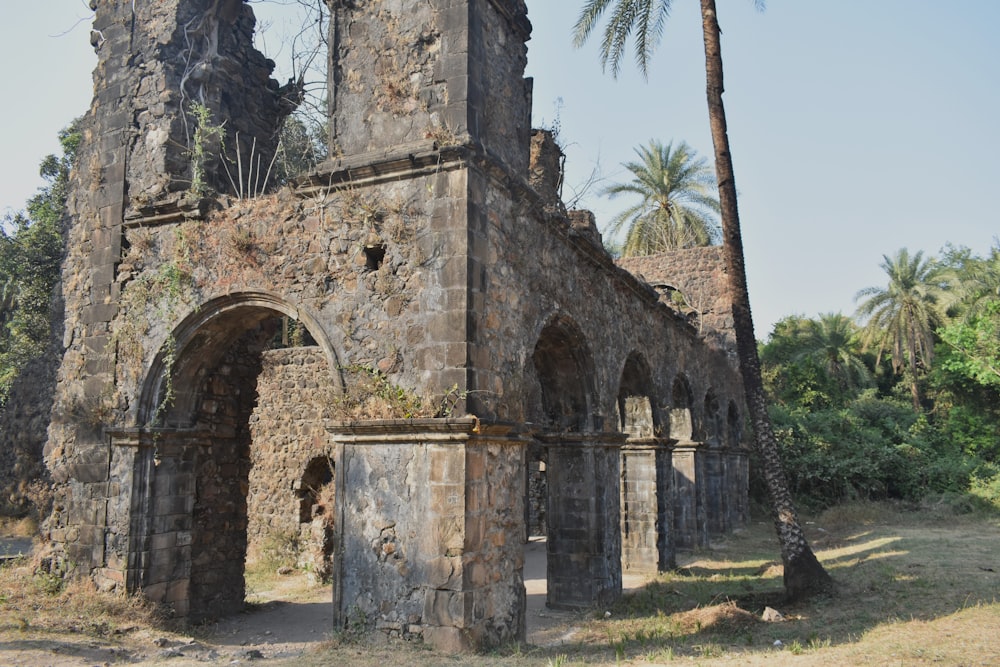 an old building with a palm tree in front of it