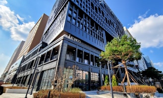 A modern, multi-story building with a sleek black facade, large windows, and geometric architectural design. In the foreground, there are young trees supported by stakes and landscaped areas with small plants and decorative grasses. The sky is clear with a few scattered clouds.