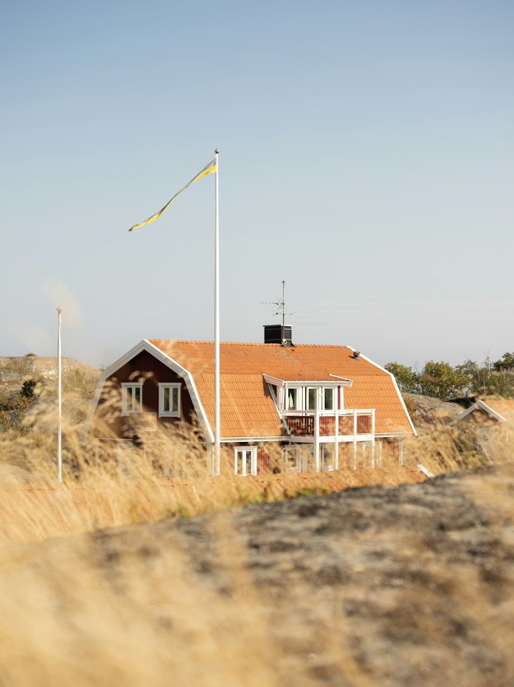 Una casa en un campo con una bandera encima