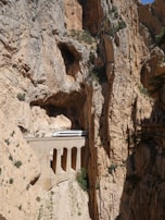 The dramatic cliffs of Barrancas del Cobre with a train winding through the canyon.