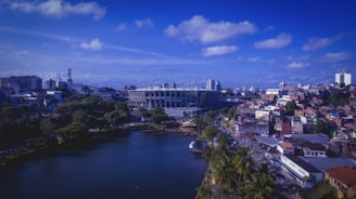 A vibrant cityscape with a large sports stadium at the center. The area around the stadium features a mix of modern and traditional buildings, with dense foliage and a peaceful body of water in the foreground. The sky is clear with scattered clouds, giving a bright and lively atmosphere.