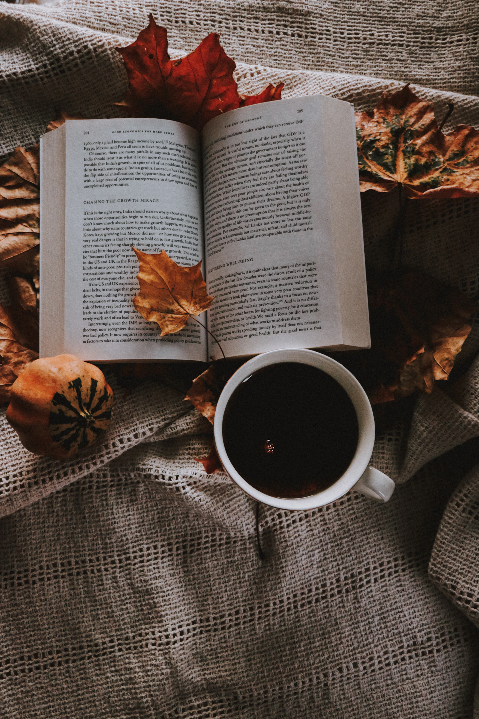 Livre ouvert posé sur un plaid avec une tasse de café et des feuilles d'automne