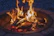 A blazing fire pit with bright, flickering flames emanating from burning logs placed in a circular stone structure. The fire illuminates the surrounding area, creating a warm and cozy ambiance.