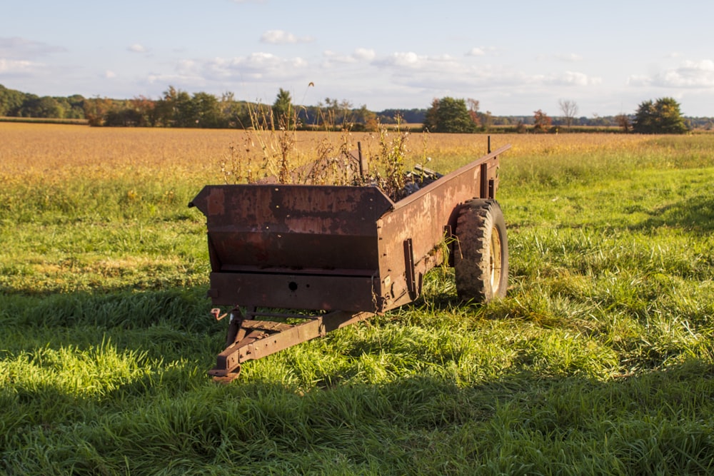 a rusty wheelbarrow in a grassy field