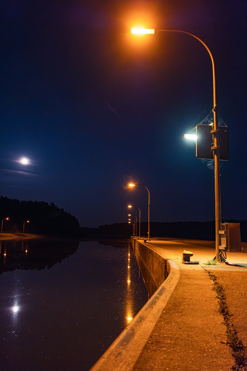 a street light next to a body of water at night