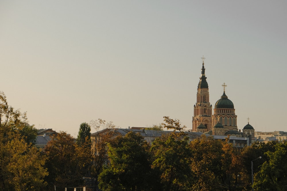 a view of a church with a cross on top of it